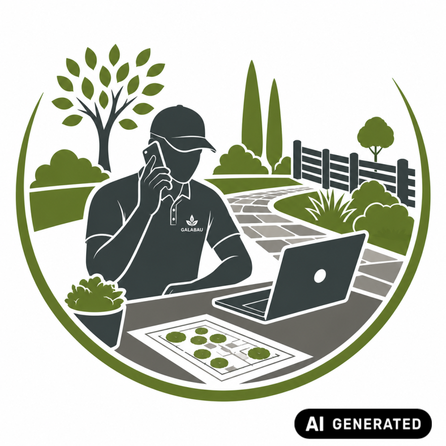 AI generiertes Bild. Im Hintergrund mehrere Bäume und eie grün Fläche. Davon wegführend ein gepflasterter Weg und ein Zaun. Im Vordergrund ein Tisch daran eine telefonierende Person vor einem Notebook.