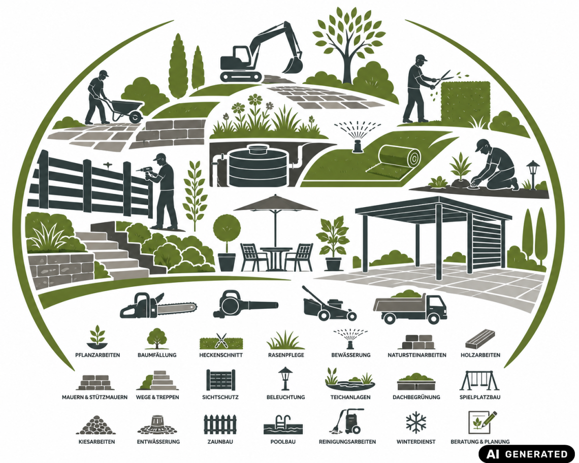 AI generiertes Bild. Zeigt viele Arbeitsfelder im Bereich Garten- und Landschaftsbau. Auszug: Baggerarbeiten, Hecke schneiden, Rasen anlegen, Zaunbau, Carport bau, Zisterne setzen und weitere.